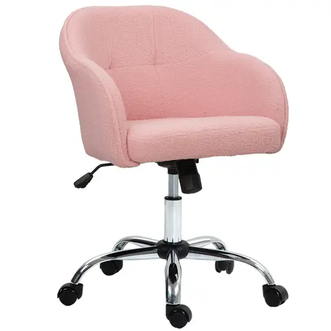 HOMCOM Vanity Swivel Chair, Teddy Fleece Office Desk Chair with Adjustable Height for Home, Study, Bedroom, Makeup, Pink