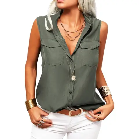 Women's Solid Lapel Sleeveless Tank Tops Summer Button Down Shirts Office Ladies Shirts (militarygreen, M)