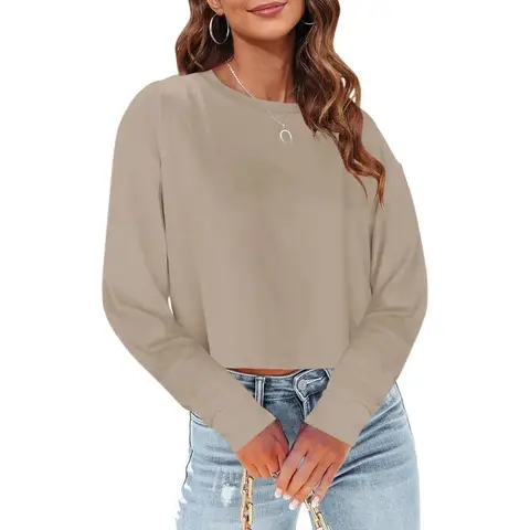 Woman Long Sleeve Cropped T Shirts Round Neck Casual Drop Shoulder Crop Tops Solid Sweater Tees (khaki, S)