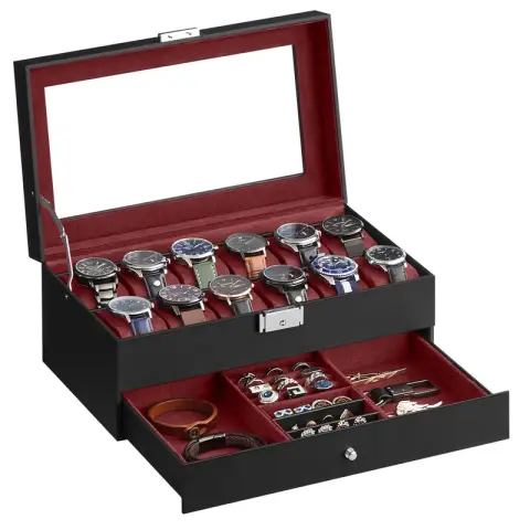 SONGMICS Watch Box, 28.5x20.5x16cm, Black + Wine Red