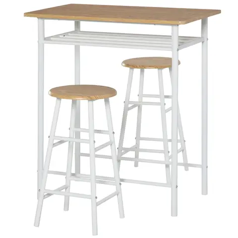 HOMCOM Bar Table & 2 Stools Set Compact White/Oak Effect