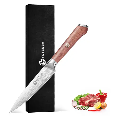 Couteau de chef YOTSUBA 13 cm | Lame ultra-tranchante en acier à haute teneur en carbone (dureté Rockwell 56, lame à 14°) | Manche en palissandre | Coutellerie de cuisine forgée à la main