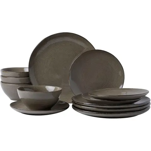 Richmount Tempus 12-teiliges Geschirrset mit Reaktivglasur für 4 Personen, dunkles Olivgrün, für den täglichen Gebrauch und zum Bewirten