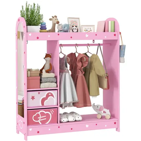 AIYAPLAY Kids Clothes Rail, Kids Wardrobe with Mirror, Shelves, Fabric Storage Boxes and Side Hooks, Children Dress up Storage for Girls Bedroom, Nursery, Pink