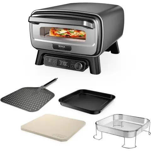Ninja Artisan Outdoor Pizzaofen und Heißluftfritteuse, 4 Funktionen: Pizza, Air Fry, Backen, Gehen, 5 Pizzaeinstellungen, mit 30 cm Pizzastein, Pizzablech, Backblech, Frittierkorb, grau MO201EU [Energieklasse A]