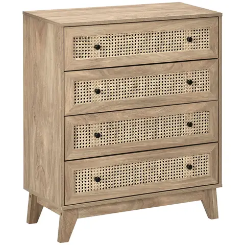 HOMCOM Chest of Drawers, 4-Drawer Storage Organiser Unit with Rattan Element for Bedroom, Living Room Natural wood finish