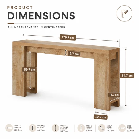 LANTINE 160 cm lange haltafel, houten bijzettafel, licht eiken, landelijke stijl