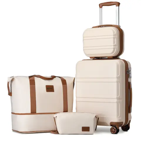 Lightweight ABS Hard Shell Carry-On Luggage with TSA Lock, 4-Piece Travel Suitcase Set Includes Duffel & Toiletry Bags (Cream White)