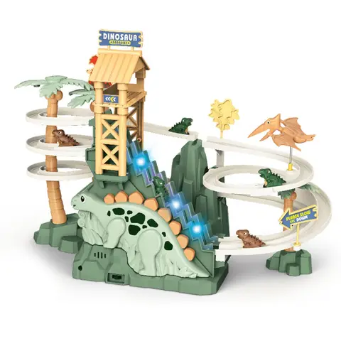 Jouet d’escalade et toboggan dinosaure pour les enfants de 3 à 8 ans - Jeu de piste de course, jouet de voiture glissante, thème dinosaure avec lumières et musique, cadeaux d’anniversaire dinosaure pour garçons, filles et enfants