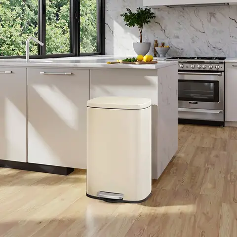 SONGMICSHOME  50 L Kitchen Bin, Rubbish Bin, Stainless Steel Trash Bin, Soft Close, Step-On Pedal, Removable Inner Bucket, Sand Beige