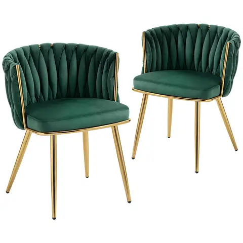 HOMCOM Velvet-Feel Dining Chairs Set of 2, Modern Upholstered Armchair with Knot Design and Golden Metal Legs Dark Green