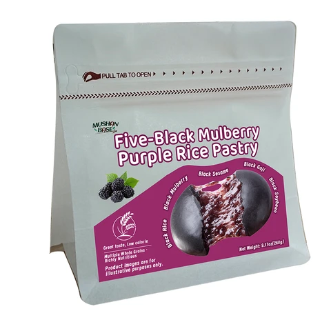 MUSHAN BASE Kleefrijstcake met Vijf Zwarte (zwarte sesam, zwarte adzukibonen, zwarte soja, zwarte zaden, zwarte maïs) en moerbeivrucht 260 g