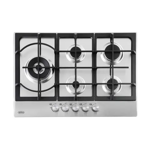 Belling GHU753C STA Gas Hob – 75 cm Stainless Steel, 5 Burners, Cast Iron Pan Supports, Multi-Point Ignition