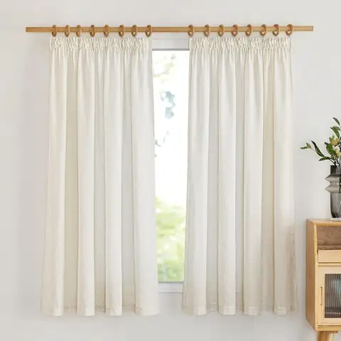 PONY DANCE Semi Sheer Linen Curtains with Pencil Pleat, 2 Panels W140 x L145cm (W55 x L57inch), Beige