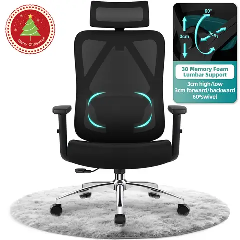 Ergonomischer Bürostuhl, Schreibtischstuhl mit 3D-Memory-Foam-Lendenstütze, Neigungsfunktion bis 135°, Belastbarkeit bis 200 kg, atmungsaktives Mesh, höhenverstellbarer Drehstuhl