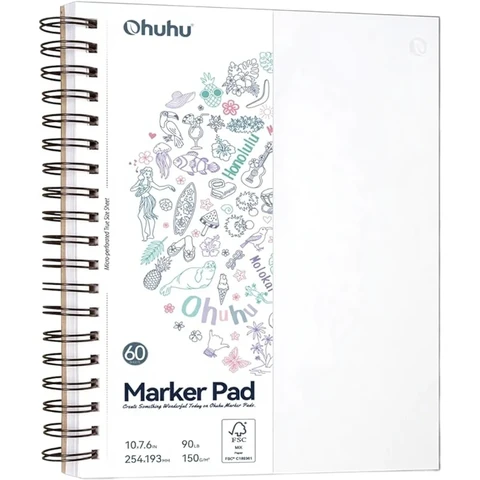 Ohuhu Double-Sided Marker Pads Art Sketchbook Bleedproof - 5.5"x8.5" Small Paper Size - 90 lb/150 gsm Smooth Drawing Paper - 60 Sheets/120 Pages, Spiral Bound Sketching Book for Alcohol Markers Paints