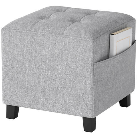 HOMCOM Square Footstool, Small Ottoman with Side Pocket, Linen Fabric Footrest Foot Stool with Rubber Wood Legs Light Grey