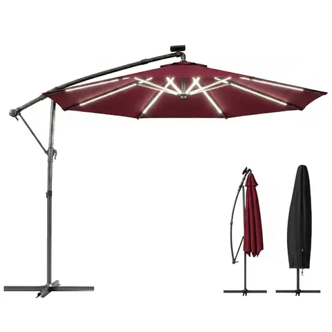 Outsunny 3 m Garden Cantilever Parasol with LED Solar Light, Round Overhanging Umbrella with 6-Position 360° Rotation, Crank Handle, Tilt, Cover, Banana Patio Umbrella for Outdoor Sun Shade, Wine Red