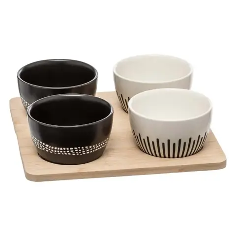 Secret de Gourmet Etnische Hapjes Set - 5 stuks, Vierkante Bamboe Dienblad met Keramische Kommen
