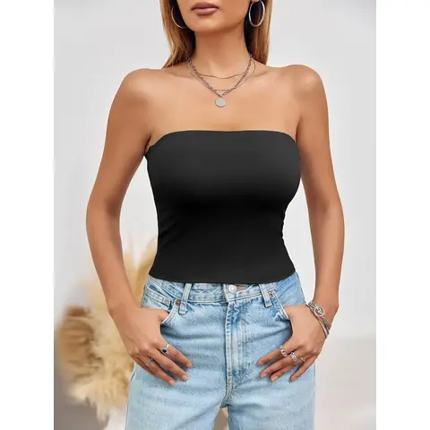 Women's Summer Tube Tops Strapless No Pad Clubwear Y2K Going Out Stretchy Basic Casual Cami Tops (black, L)