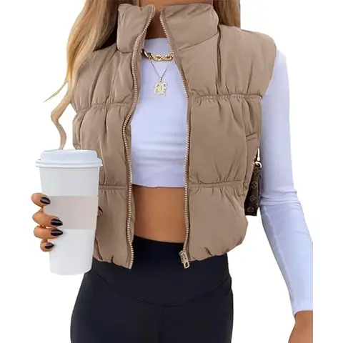 Women's Crop Puffer Vest Winter Zip Up Lightweight Sleeveless Warm Outerwear Padded Coat (khaki, L)