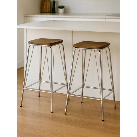 Interiors by Premier Bar Stool District Natural Elm Wood with Chrome Legs Set of 2
