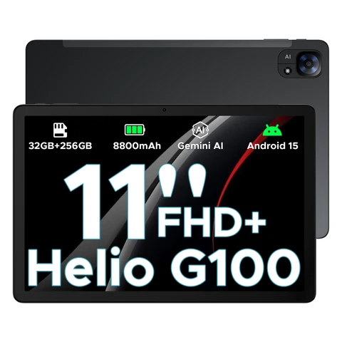 DOOGEE Tab E3 Android 15 AI Tablet， 32GB+256GB/2TB， 11Inch FHD+& 90Hz， Helio G100 Gemini AI Gaming Tablet， 8800mAh Battery， 7.5mm Ultra-Slim Metal Body， Dual SIM Slots， 5G WiFi|GPS|BT5.2|Face ID， Black