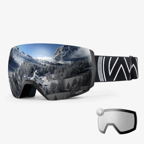 OutdoorMaster ULTRA Ski- und Snowboardbrille + Linsen-Set für Herren und Damen - Schwarzer Rahmen mit grauer Linse und silberner + klarer Linse