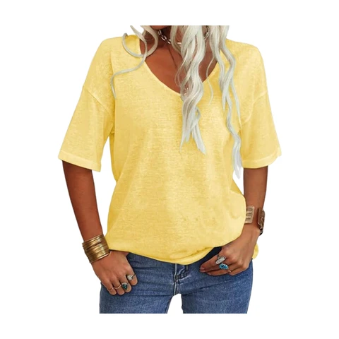 Women Fashion V-Neck Half Sleeves Oversized T Shirt Solid Casual Loose Basic Tops 