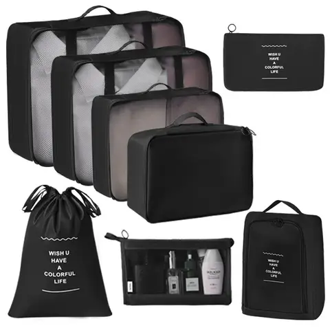 DTK Set de 8 cubes de rangement de voyage, sacs de classement pour bagages avec sac à linge, imperméables, noirs, pour valises et sacs à dos