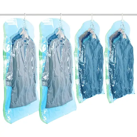 TAILI Hänge‑Vakuumbeutel mit Dichtverschluss für platzsparende Aufbewahrung von Kleidung, Jacke, Schrank‑Organizer, 4er‑Pack (2 lang, 2 kurz), blau