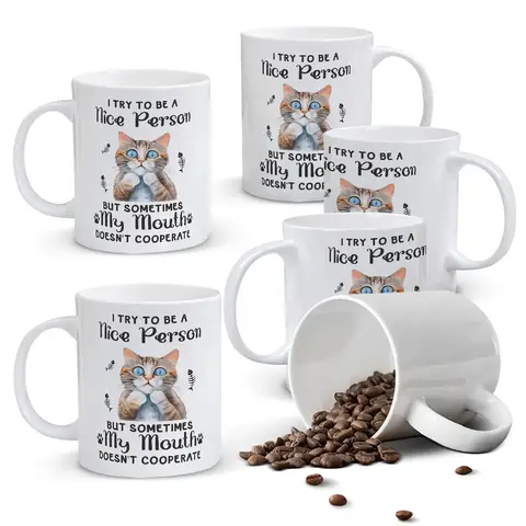 Alphynix 1pc 11oz White Mug with Funny "My Mouth Doesn't Cooperate" Quote and Cute Tabby Cat Design, Humorous & Relatable Christmas or Thanksgiving Gift