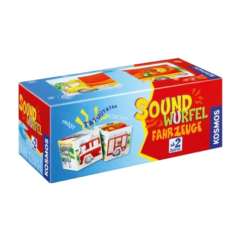 KOSMOS 697372 Soundwürfel Fahrzeuge, Lernspielzeug mit Geräuschen, für Kinder ab 2 Jahren, Spielzeug für Kleinkinder, Geräusche von Feuerwehrauto, Lokomotive, Hubschrauber, Rennwagen, LKW, Schiff