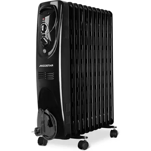 Aigostar Tummie 33JIE - Öl-Füllheizkörper, 11 Rippen, 2300 Watt, tragbar, mit drei Wärmeinstellungen und Thermostat-Steuerung. EINWEGVERPACKUNG.