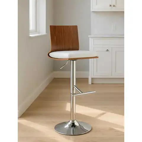 Interiors by Premier Bar Stool Adjustable Giles Walnut Wood & Faux Leather White/Chrome