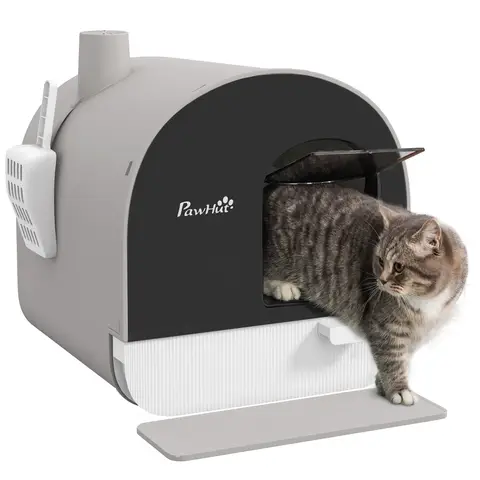 PawHut Hooded Cat Litter Tray with Slide-Out Drawer, Enclosed Cat Litter Box with Anti-Tracking Mat, Scoop, Filter Light Grey