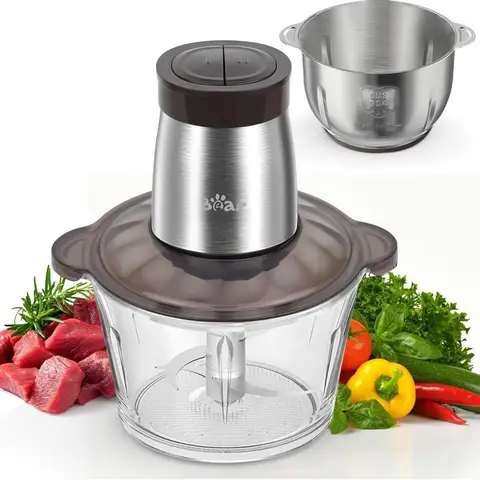 Bear 2L+1.8L Double Cup 600W Electric Food Processor & Chopper with Glass Container and 304 Stainless Steel Container 2 Speed Settings 4 Stainless Steel Blades for Chopping Meat Baby Food Fruit Vegetable