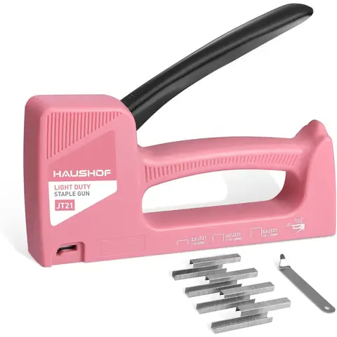 HAUSHOF Hand Stapler Gun Pink Upholstery Staple Gun Wood Stapler for Staples Type 53, with 800 Staples 8 mm and Staple Remover for Wood, Fabric, Furniture