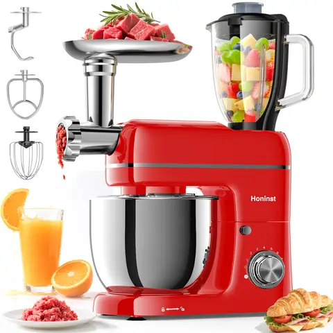 Mixeur Multifonction 7-en-1 Honinst, Batteur sur Socle Inclinable 6,5 QT 8 Vitesses, Mixeur Électrique avec Hachoir à Viande, Blender à Jus, Crochet à Pâte, Batteur, Fouet et Bol pour la Plupart des Cuisiniers à Domicile