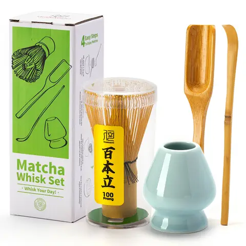Ensemble de matcha TEANAGOO, mélangeur en bambou (Chasen), Kit de matcha 4 pièces, cuillère traditionnelle (Chashaku), support de mélangeur en céladon bleu, Idéal pour latte au matcha et cérémonies traditionnelles | Ensemble cadeau matcha de luxe