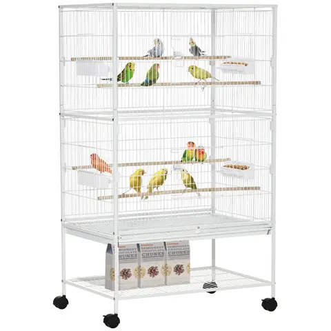 PawHut Large Bird Cage Budgie Cage for Finch Canaries Parakeet with Rolling Stand, Slide-out Tray, Storage Shelf, Food Containers, White