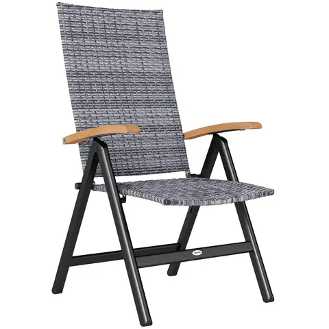 Outsunny Folding Garden Chair, 5-level Reclining PE Rattan Garden Dining Chair with Wood Armrests, High Back and Steel Frame 