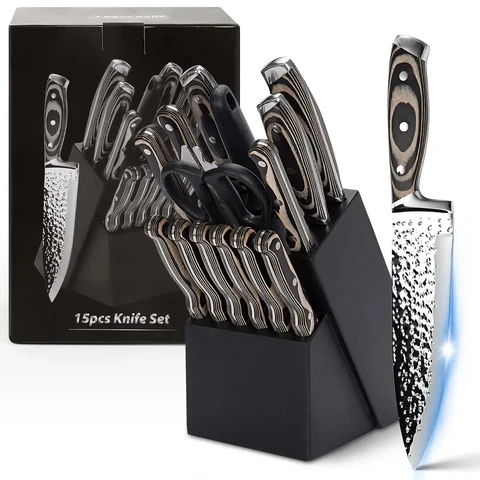 Set de couteaux de cuisine avec bloc, Set de couteaux de 15 pièces en acier inoxydable de haute qualité avec aiguiseur, Couteaux de cuisine ultra-tranchants avec manche en bois à trois rivets, Idéal pour cuisiner et couper