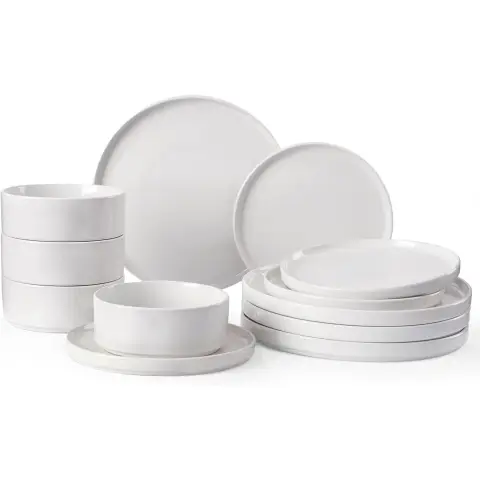 Richmount Nebula Serie Geschirrset - 12-teiliges Keramikset für 4 Personen - Enthält Essteller/Salatteller/Müslischalen - Spülmaschinen- und Mikrowellengeeignet - Weiß