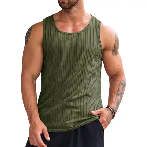Men's Ribbed Tank Tops 2 Pack Knit Sleeveless Workout T Shirt Muscle Gym Fitness Tee (militarygreen, M)