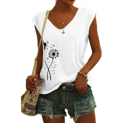 Women's' Cap Sleeve Casual Loose Fit Basic Shirts Tank Tops (white, L)