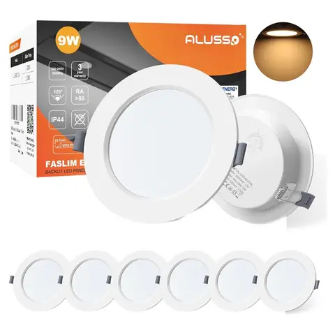 Alusso LED-Decken-Einbauleuchten, 230 V, LED-Flat, 9 W, warmweiß, 3000 K, IP44, für Badezimmer/Wohnzimmer, Set mit 6 [Energieeffizienzklasse E]