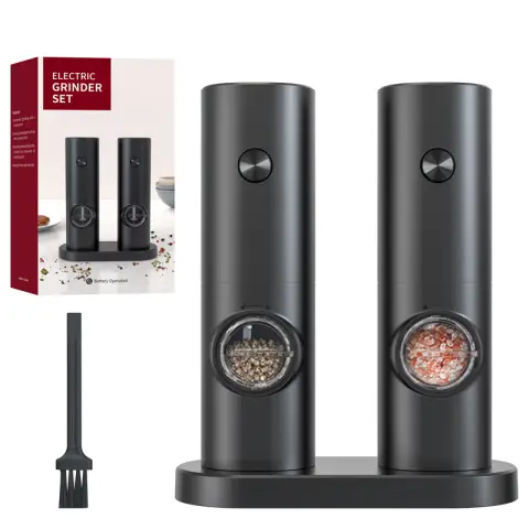 CUISYNC Electric Grinder Set - Adjustable Coarseness Transparent Hopper with Storage Base Battery-Powered 2-Pack Black KYMQ-14-BS