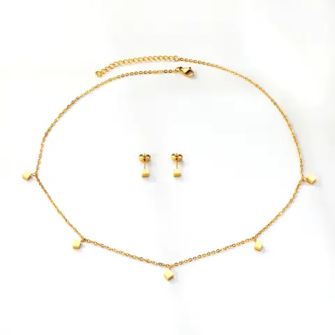 5 Square Shape Charm Set 18K Gold Plated Necklace and Earrings