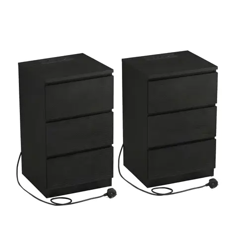 Ochama x SONGMICS Set of 2 Nightstands with Charging Station, Bedside Tables, Side End Tables with 3 Drawers, for Bedroom, Black